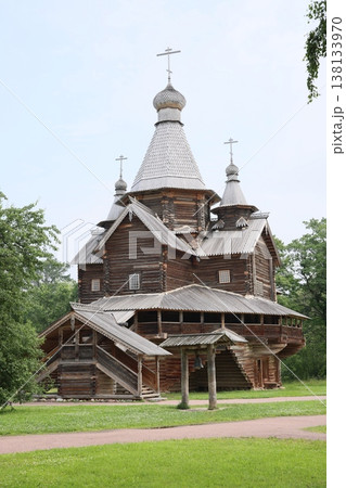 Traditional timber edifice distinguished by onionshaped domes Traditional timber edifice distinguished by onionshaped domes 138133970