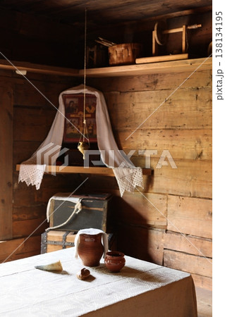 Serene rustic living space with handcrafted decor and warm glow 138134195