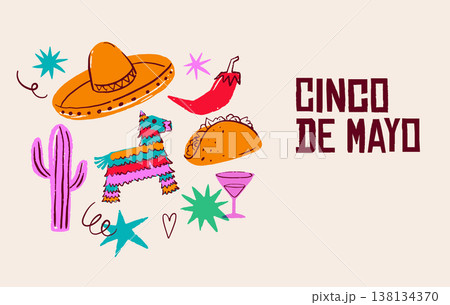 Cinco de Mayo Mexican holiday celebration background with hand-drawn decorative elements, symbols Cinco de Mayo Mexican holiday celebration background with hand-drawn decorative elements, symbols 138134370