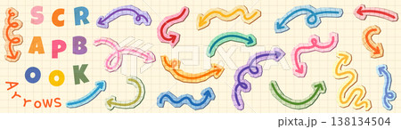 Colorful scrapbook paper vector arrows, cute doodle pointers, fun graphic design elements for collages and backgrounds 138134504