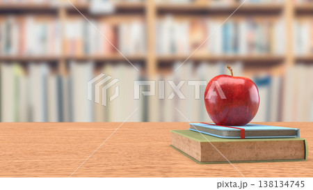 Red Apple On Books In Library Education Concept 3d render. 138134745