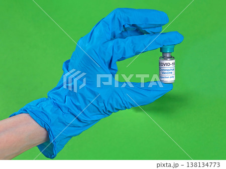 Hand with glove holding vaccine vial 138134773