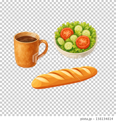 Simple breakfast/lunch image featuring French bread, salad, and coffee. (White background) 138134814