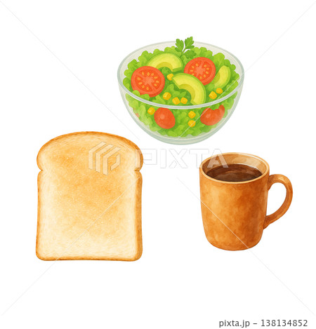 食パンとサラダとコーヒーのシンプル素材 朝食モーニングイメージ 白背景 138134852