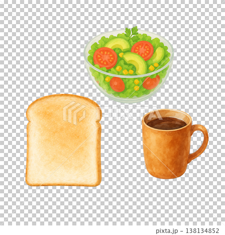 食パンとサラダとコーヒーのシンプル素材 朝食モーニングイメージ 白背景 138134852