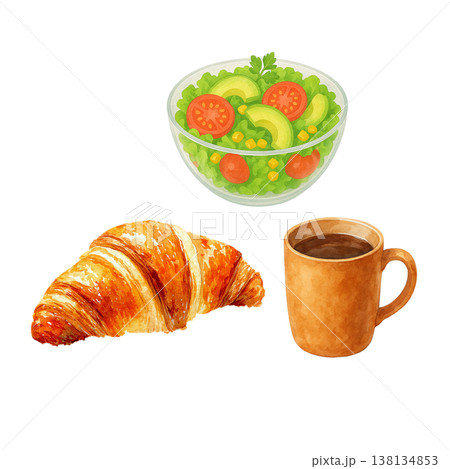 クロワッサンとサラダとコーヒーのシンプル素材 カフェ朝食イメージ 白背景 138134853