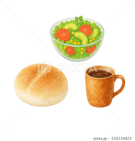 ロールパンとサラダとコーヒーのシンプル素材 朝食モーニングイメージ 食事素材 白背景 ロールパンとサラダとコーヒーのシンプル素材 朝食モーニングイメージ 食事素材 白背景 138134923