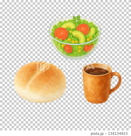 ロールパンとサラダとコーヒーのシンプル素材 朝食モーニングイメージ 食事素材 白背景 ロールパンとサラダとコーヒーのシンプル素材 朝食モーニングイメージ 食事素材 白背景 138134923