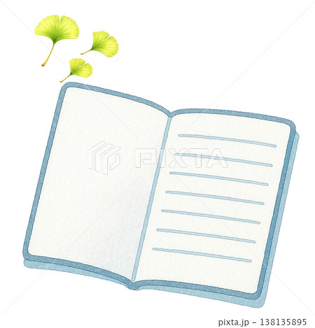 開いたノートと新緑の葉のシンプル素材 ナチュラル読書イメージ 白背景 138135895