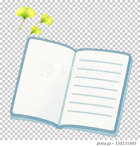 開いたノートと新緑の葉のシンプル素材 ナチュラル読書イメージ 白背景 138135895