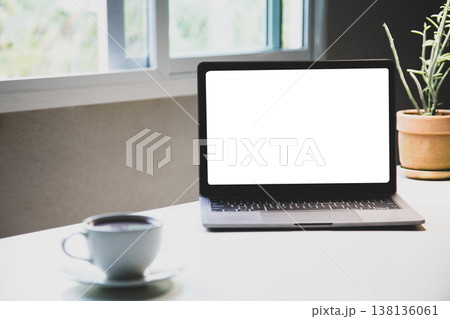 Mockup laptop devices isolated on white background. personal computer notebook white screen. and aroma coffee cup, houseplant, notepaper as a desk. office at home 138136061