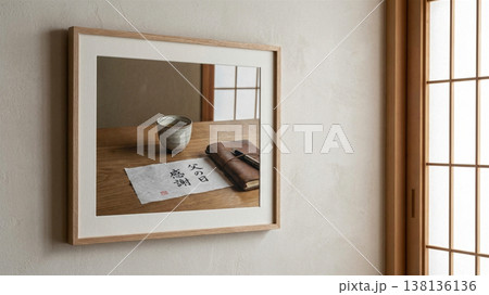 和室の壁に飾られた父の日感謝メッセージの額縁と湯呑みの風景 138136136