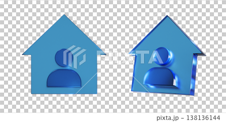 A 3D illustration of a flat icon representing being at home. The mark has a transparent, blue, glass-like texture. A 3D illustration of a flat icon representing being at home. The mark has a transparent, blue, glass-like texture. 138136144
