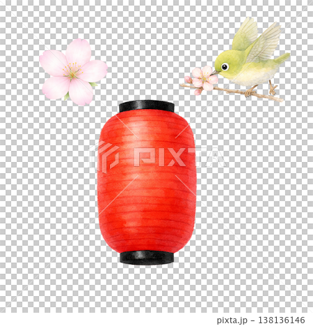 提灯と桜と小鳥のシンプル素材 春の和風祭りイメージ かわいい装飾デザイン 白背景 138136146