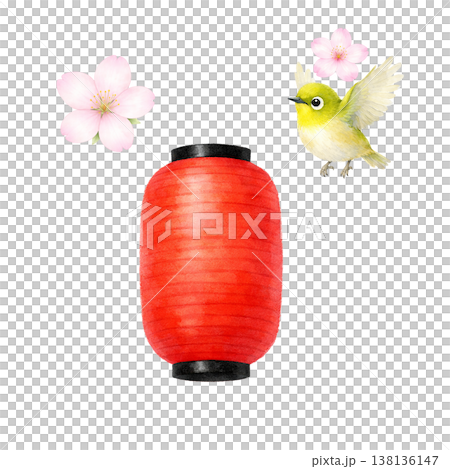 提灯と桜と小鳥のシンプル素材 春の和風祭りイメージ かわいい装飾デザイン 白背景 138136147