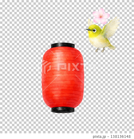 提灯と桜と小鳥のシンプル素材 春の和風祭りイメージ かわいい装飾デザイン 白背景 138136148