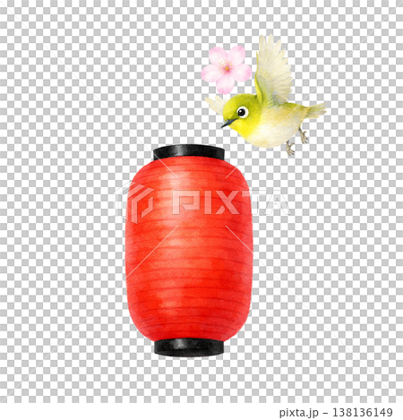Simple design featuring lanterns, cherry blossoms, and small birds; a cute decorative design for a spring Japanese festival, against a white background. 138136149