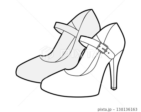 Mary Jane pump women heel sketch pair. Strap round toe vintage dress footwear for party, wedding, office everyday outfit 138136163