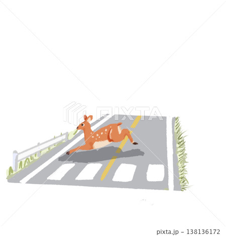 鹿の横断イラスト　横断歩道を渡る野生動物と交通安全イメージ 138136172