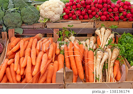 Fresh vegetables in wooden crates on market Fresh vegetables in wooden crates on market 138136174