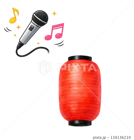 提灯とマイクと音符のシンプル素材 祭りイベントとカラオケイメージ 白背景 138136219