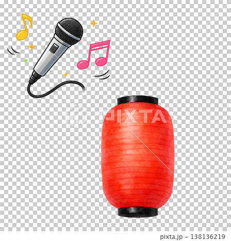 提灯とマイクと音符のシンプル素材 祭りイベントとカラオケイメージ 白背景 138136219