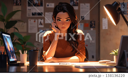 頬杖をつく女　AI生成素材 138136220