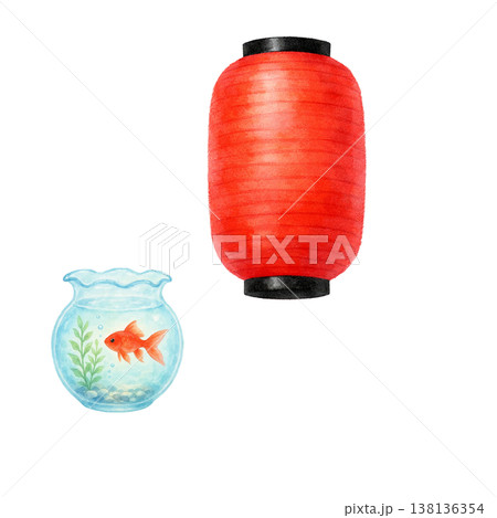 提灯と金魚鉢のシンプル素材 夏祭りイメージ 和風縁日デザイン 白背景 138136354