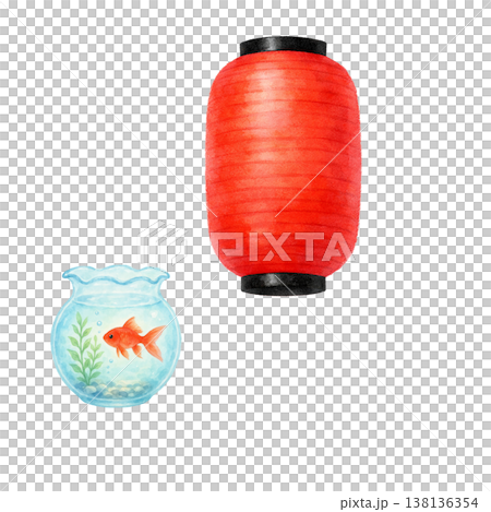 簡潔的設計，以燈籠和金魚缸為特色，在白色背景上營造出夏日祭典的氛圍和日式集市的設計感。 138136354