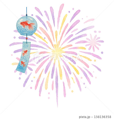花火と風鈴のシンプル素材 夏祭りの和風イベントイメージ 涼しげデザイン 白背景 138136358