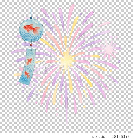 花火と風鈴のシンプル素材 夏祭りの和風イベントイメージ 涼しげデザイン 白背景 138136358