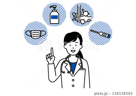 風邪予防の4つの方法（マスク・消毒・手洗い・検温）を案内する医師の女性 138136583