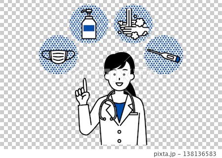一位女醫生解釋了預防感冒的四種方法（戴口罩、消毒、洗手和測量體溫）。 138136583