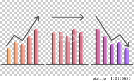A set of bar graphs showing upward, sideways, and downward trends; a comparative image of growth, stagnation, and decline (pink-purple gradient). A set of bar graphs showing upward, sideways, and downward trends; a comparative image of growth, stagnation, and decline (pink-purple gradient). 138136686