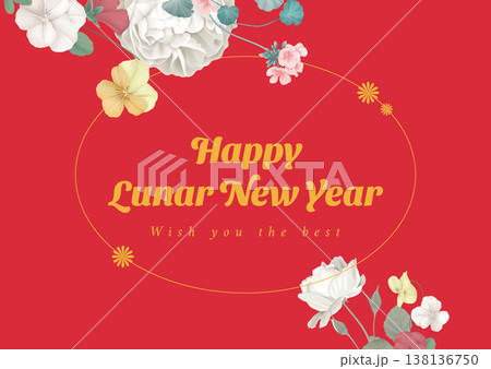 Vintage floral happy lunar new year greeting card template, various flowers and leaves on red 138136750