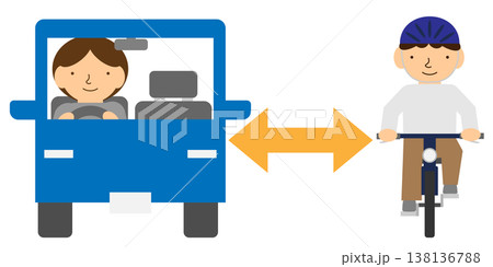 車道を走る自転車を追い抜く自動車の車間距離をイメージした交通ルールのイラスト素材 138136788