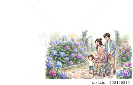 紫陽花の公園で笑顔の高齢女性と介護士・家族の優しい介護シーン（車椅子・初夏） 138136816