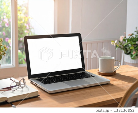 A laptop with a cup of coffee 138136852