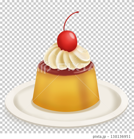 皿にのったレトロなカスタードプリン（さくらんぼとホイップクリーム） 138136951