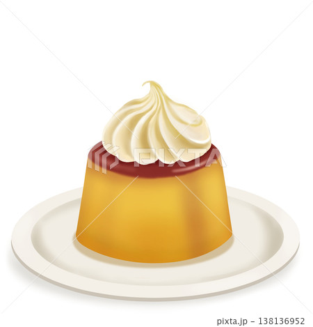 皿にのったレトロなカスタードプリン（ホイップクリーム） 138136952