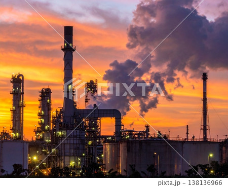 A highly detailed oil refinery, with massive steel pipelines 138136966