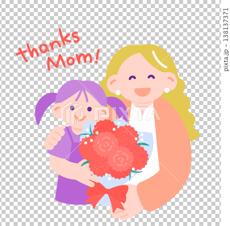A little girl gives her mother a bouquet of carnations for Mother's Day, and the mother hugs her. A little girl gives her mother a bouquet of carnations for Mother's Day, and the mother hugs her. 138137371