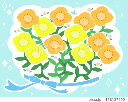 春の花束とリボンのかわいいイラスト（ブルー背景・文字なし）コピースペースあり　キラキラ 138137400