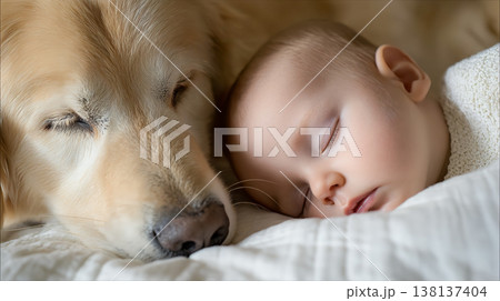 布団で眠る白人の赤ちゃんに添い寝するゴールデンレトリバー 138137404