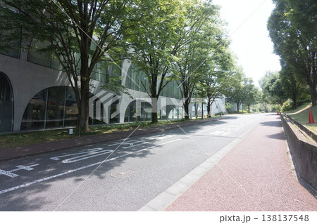 夏の日の大学のキャンパス、緑に囲まれたモダン建築造りの図書館 夏の日の大学のキャンパス、緑に囲まれたモダン建築造りの図書館 138137548