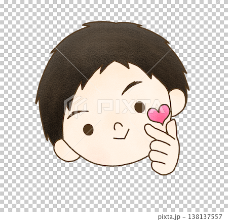 A hand-drawn illustration of a boy making a heart shape with his fingers. 138137557