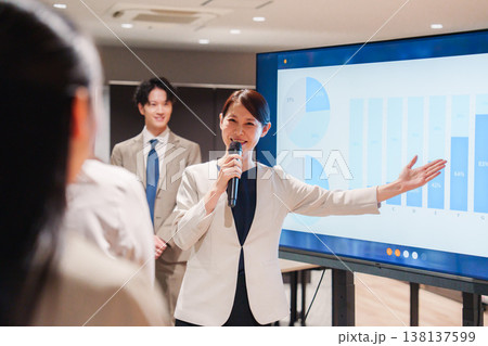 笑顔でプレゼンをする女性 138137599