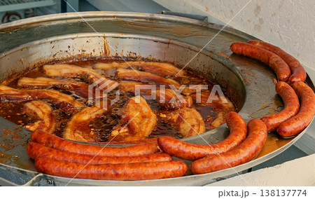Fried sausages on metal plate 138137774