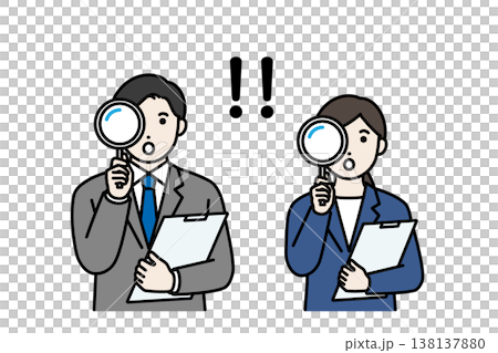 Business people are surprised when they look through a magnifying glass. 138137880