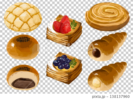 Sweet bread set (melon bread, red bean bun, Danish pastry, cornet) 138137960